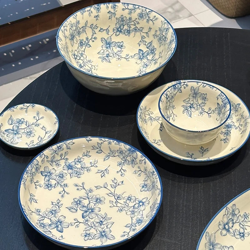 Elegant Vintage Blue Floral Bowl & Plate Set